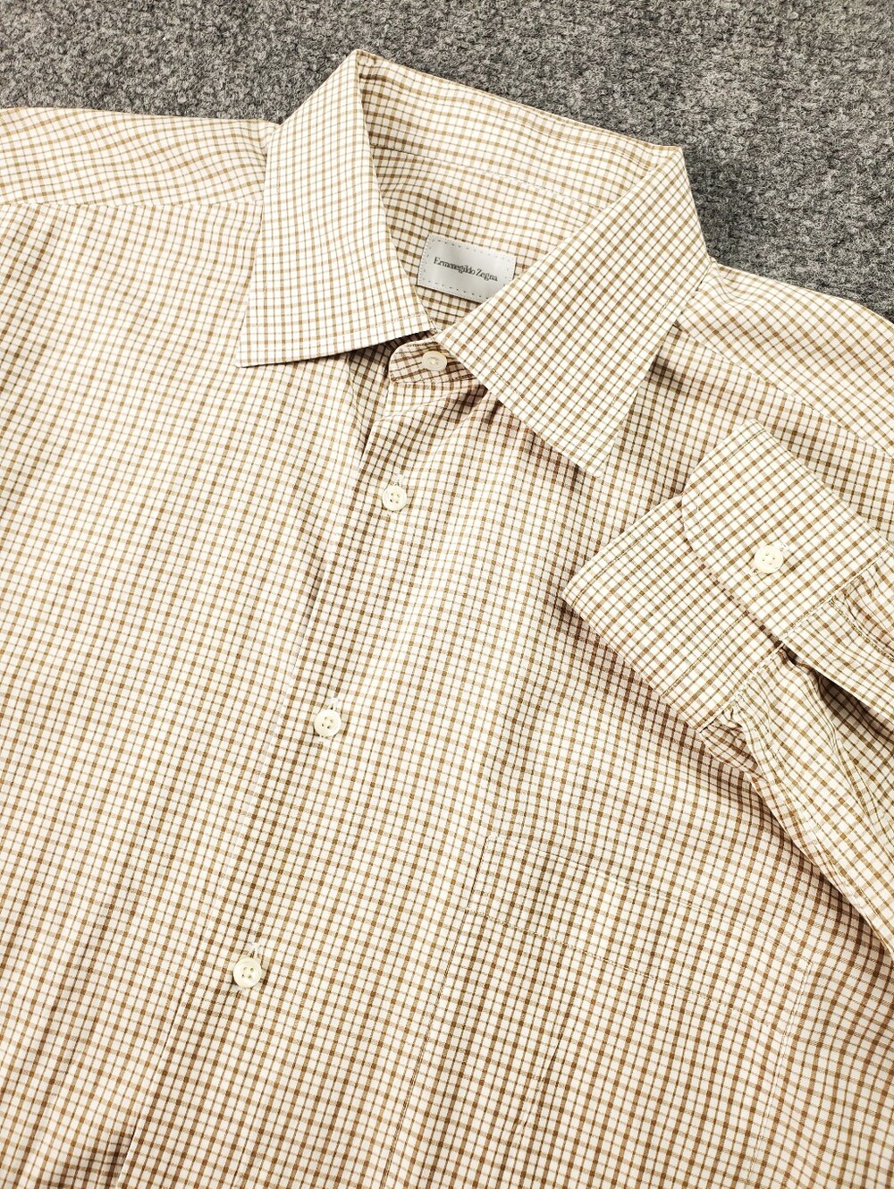 Ermenegildo Zegna Dress Shirt 17 43 Micro Check Tan Beige Cream Button Up Luxury